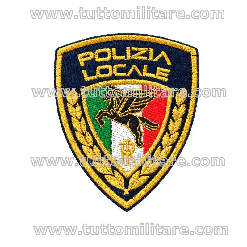 Patch Polizia Locale Pegaso ricamato 6x7 cm su fondo blu con scudo tricolore e velcro