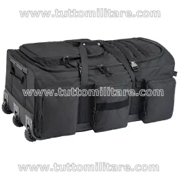 Vista frontale del trolley nero Defcon 5 da 135 litri con tasche esterne e passanti MOLLE