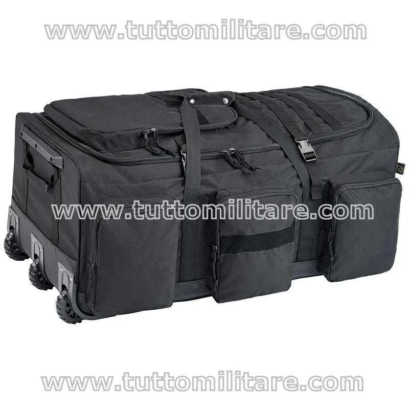 Vista frontale del trolley nero Defcon 5 da 135 litri con tasche esterne e passanti MOLLE