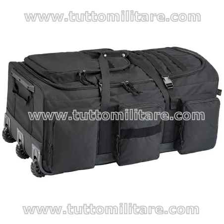 Vista frontale del trolley nero Defcon 5 da 135 litri con tasche esterne e passanti MOLLE