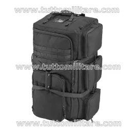 Vista laterale del trolley nero Defcon 5 da 135 litri con tasche esterne e passanti MOLLE
