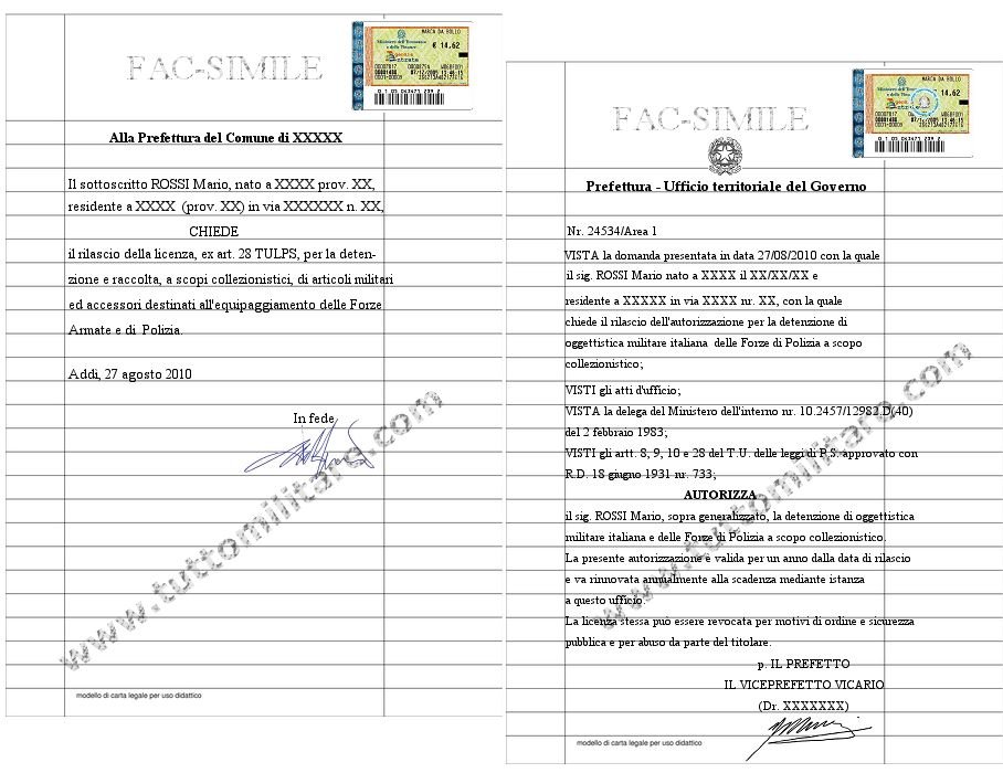 Fac simile di Domanda e Licenza Prefettizia